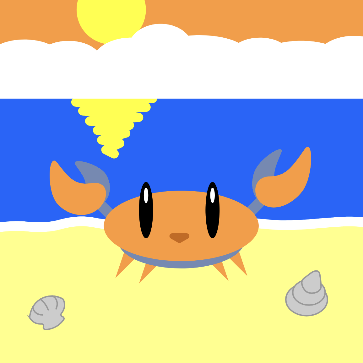 A cartoon crab sitting on a beach.